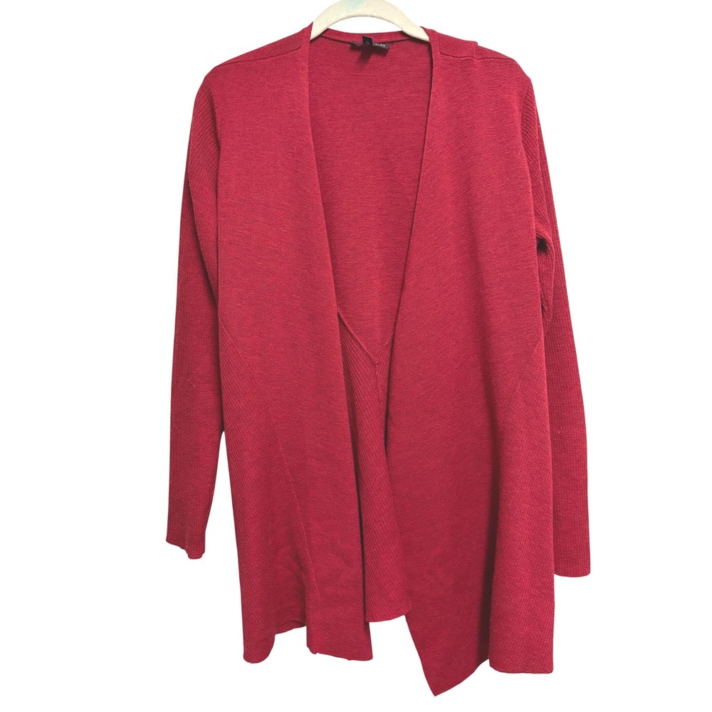 Eileen Fisher Cardigan Red Open Front 100% Wool‎ Ribbed Knit Large